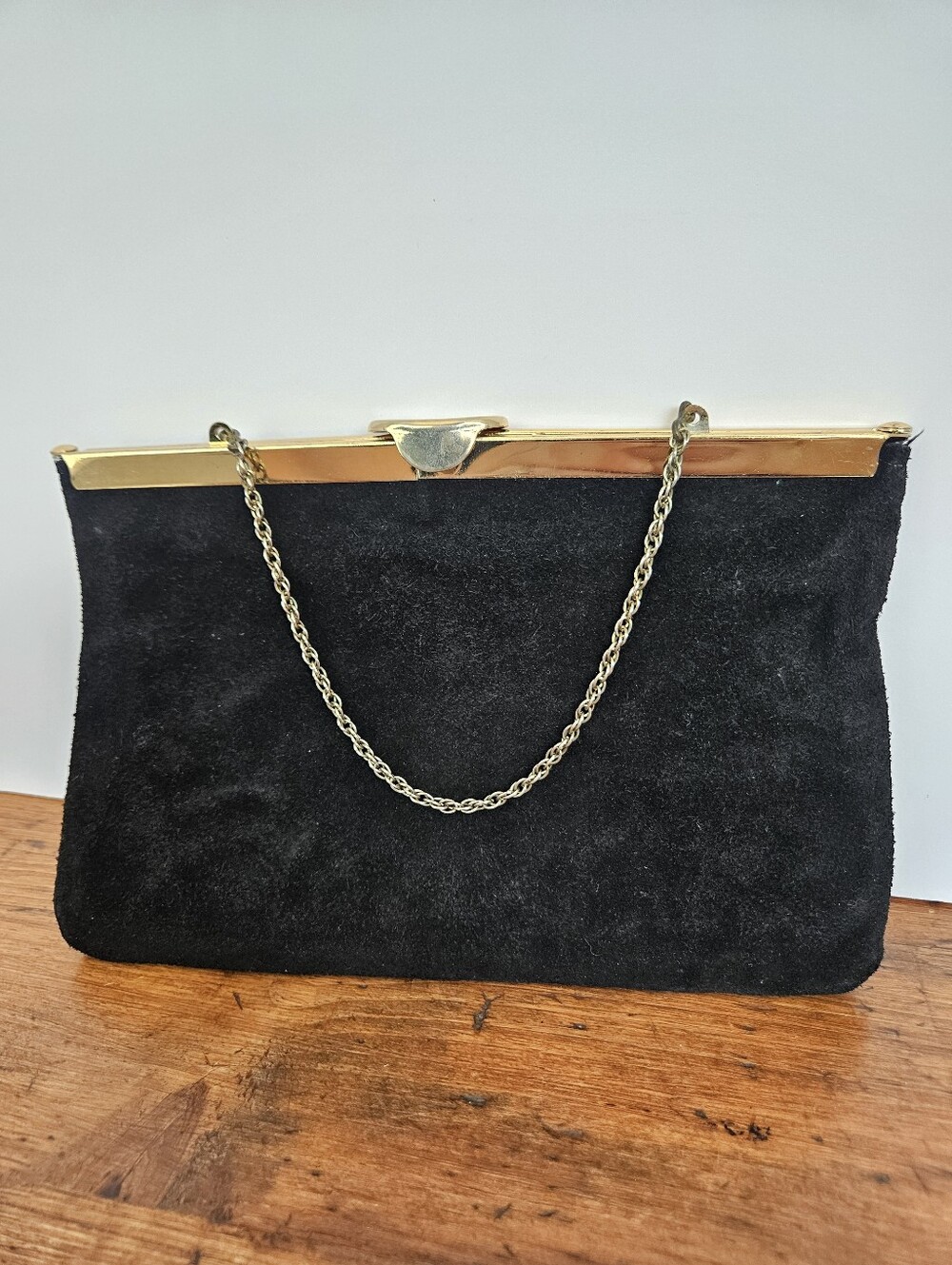 Vintage Black Suede Evening Bag Clutch With Gold-tone Hardware Mid Century